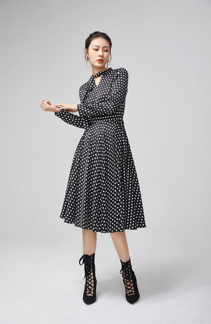 Black Polka Dot Chiffon Midi Dress for Women 2215
