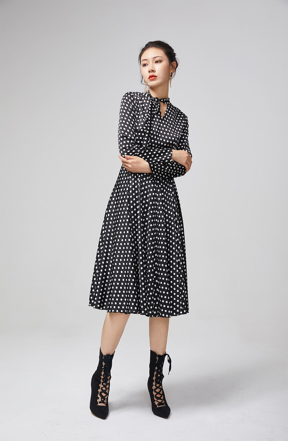 Black Polka Dot Chiffon Midi Dress for Women 2215