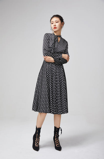 Black Polka Dot Chiffon Midi Dress for Women 2215