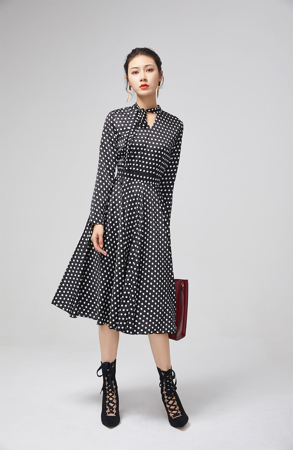 Black Polka Dot Chiffon Midi Dress for Women 2215