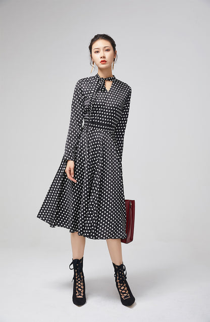 Black Polka Dot Chiffon Midi Dress for Women 2215