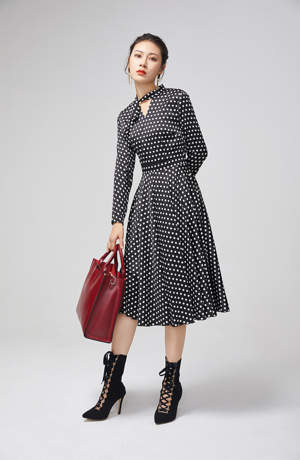 Black Polka Dot Chiffon Midi Dress for Women 2215