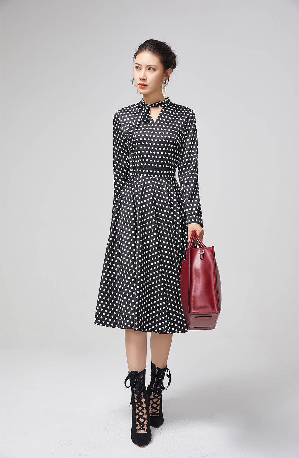 Black Polka Dot Chiffon Midi Dress for Women 2215