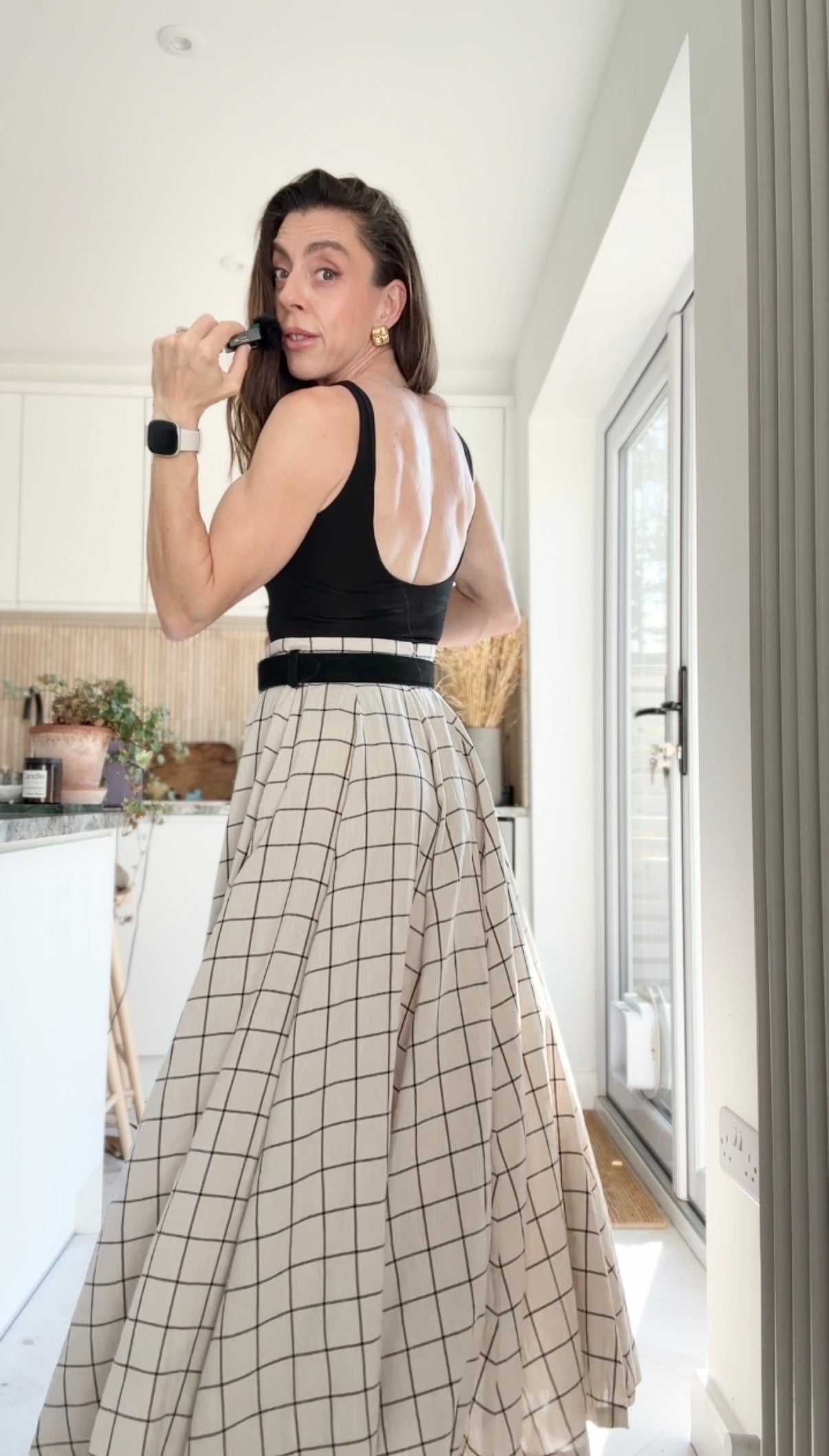 Plaid Linen Maxi Circle Skirt - Pleated A-Line | Xiaolizi 6899