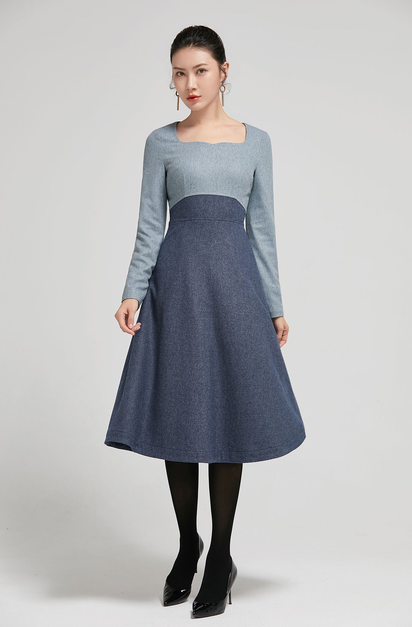 Wool Midi Dress - Long Sleeve A-Line | Xiaolizi 2297