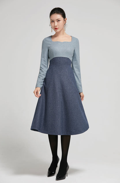 Wool Midi Dress - Long Sleeve A-Line | Xiaolizi 2297
