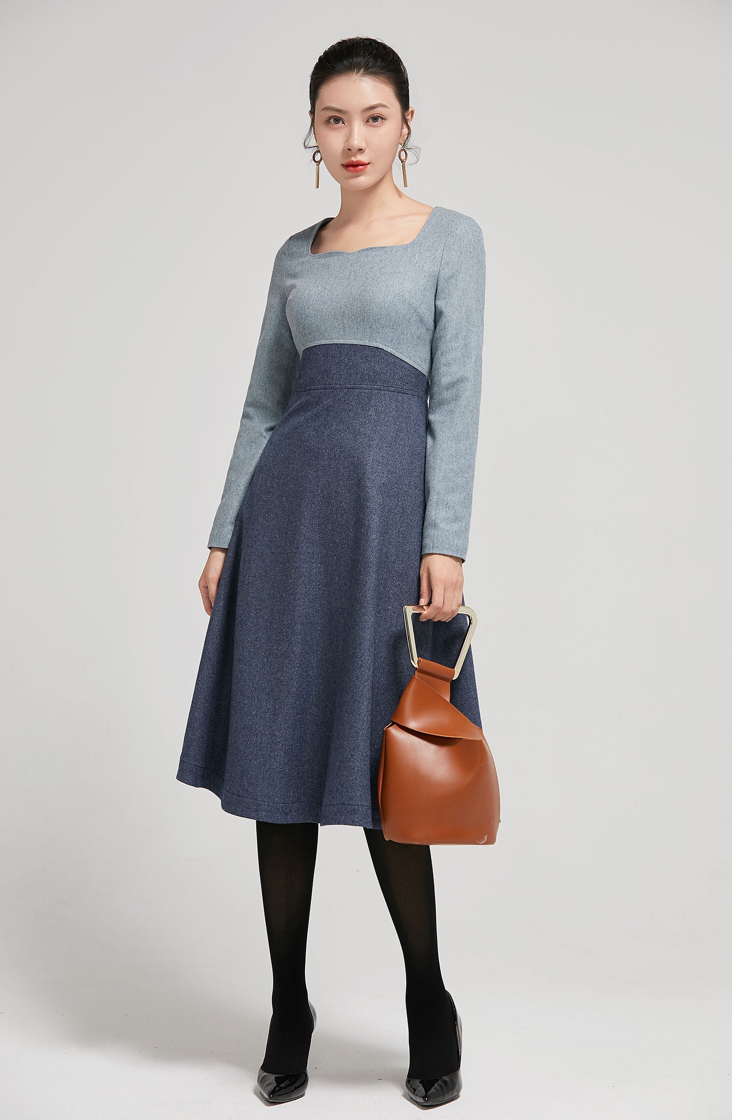 Wool Midi Dress - Long Sleeve A-Line | Xiaolizi 2297