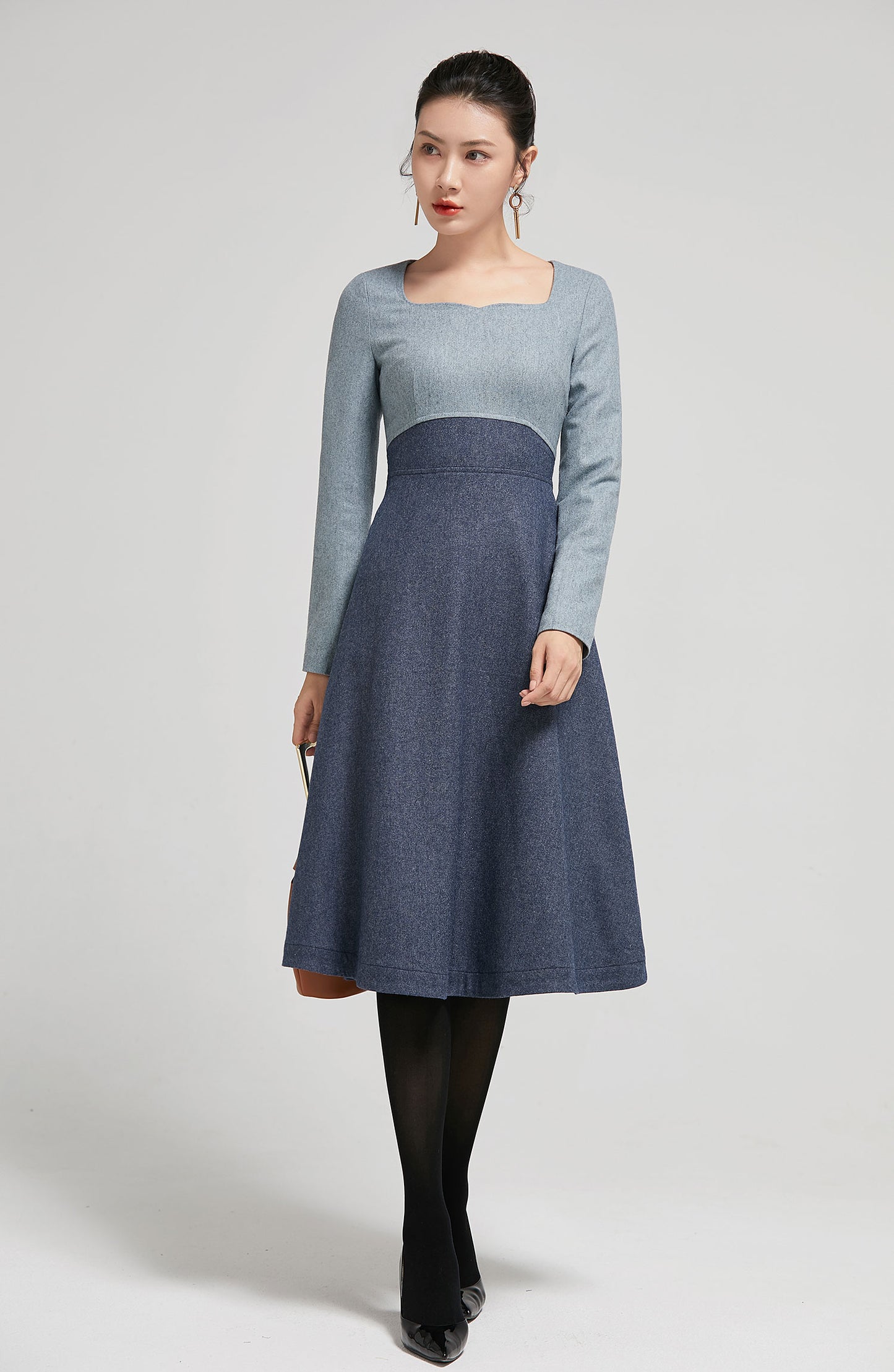 Wool Midi Dress - Long Sleeve A-Line | Xiaolizi 2297