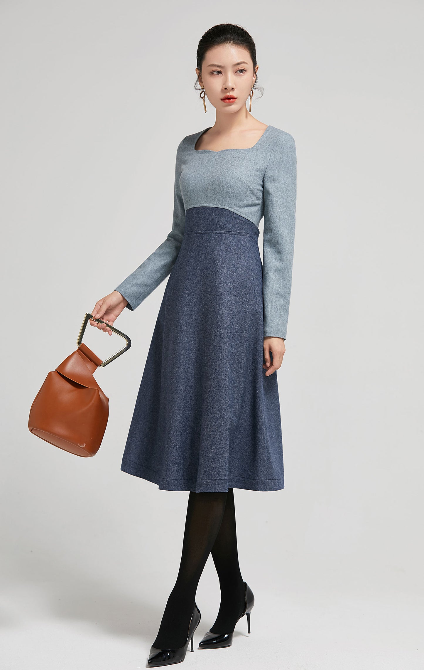 Wool Midi Dress - Long Sleeve A-Line | Xiaolizi 2297