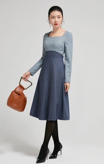 Wool Midi Dress - Long Sleeve A-Line | Xiaolizi 2297