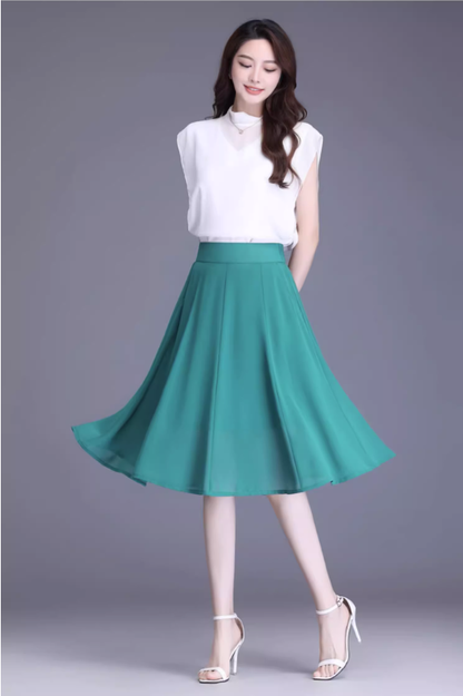 Emerald Green Chiffon Knee Length Skirt - Circle Swing with Pockets 4469