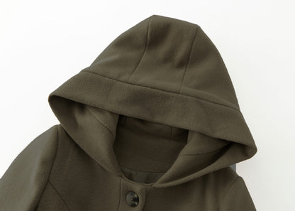 Handmade Army Green Wool Hooded Coat – Vintage Fit & Flare 5386Winter Overcoat with Pockets