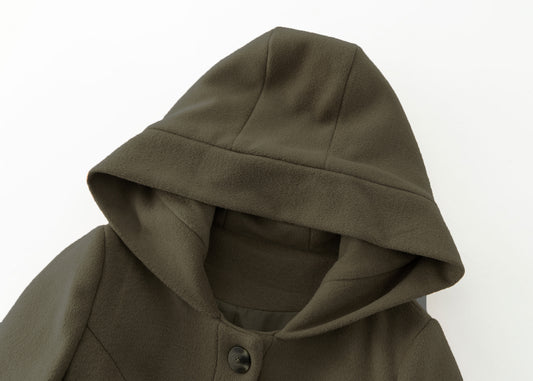 Handmade Army Green Wool Hooded Coat – Vintage Fit & Flare 5386Winter Overcoat with Pockets