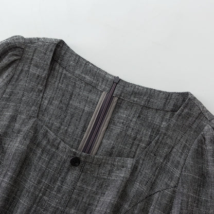 Gray Linen Cotton Midi Dress - Button-Up, Square Neckline 4933