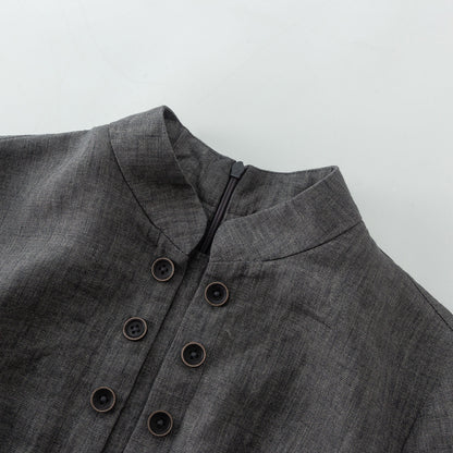 Grey Linen Maxi Dress – Vintage Inspired Long Sleeve Dress with Pockets 4923