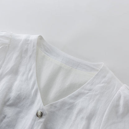 Button down white linen dress with pockets 4922