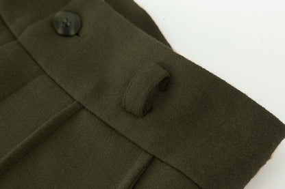 Olive Green Wool Midi Skirt - Vintage High Waist Pleated A-Line 5384