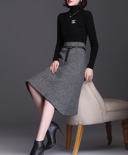 Handmade Brown Knit A-Line Skirt – Asymmetrical Hem with Pockets for Autumn Winter 6134