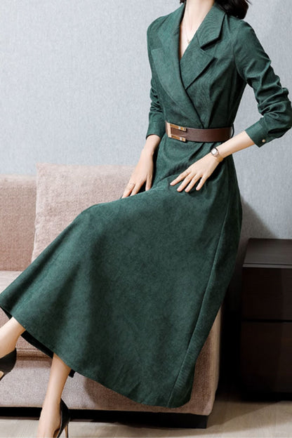 Green Wool Corduroy Dress - Long Sleeve, Tie Belt Waist 4561