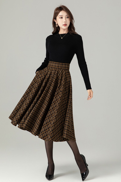 Brown Plaid Wool Midi Skirt – Vintage Swing High Waist Winter Skirt with Pockets 4498