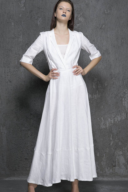 White Linen Maxi Dress - Big Collar, 3/4 Sleeve 1326