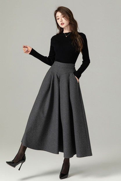Gray Wool A-Line Maxi Skirt - Flowy Ankle Length with Pockets 4497