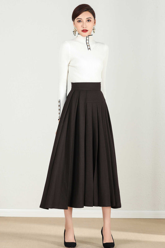 Handmade Chocolate Brown Wool Midi Skirt – Vintage A-Line Winter Skirt | Xiaolizi 2432