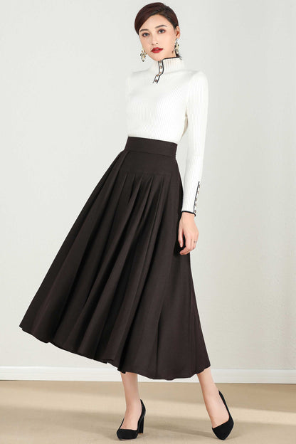 Handmade Chocolate Brown Wool Midi Skirt – Vintage A-Line Winter Skirt | Xiaolizi 2432