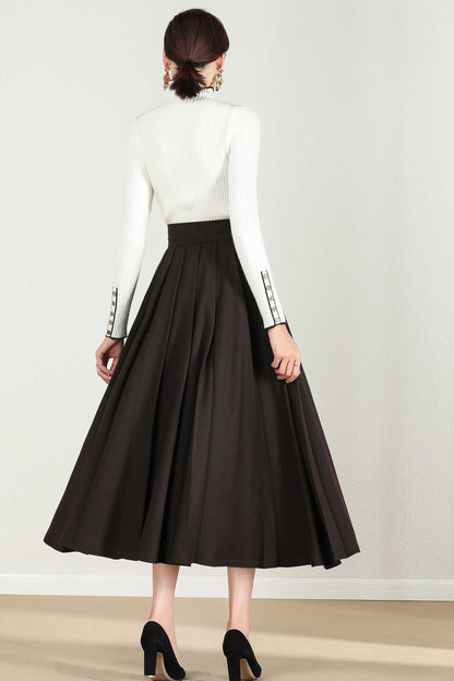 Handmade Chocolate Brown Wool Midi Skirt – Vintage A-Line Winter Skirt | Xiaolizi 2432