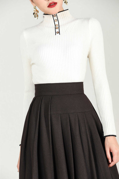 Handmade Chocolate Brown Wool Midi Skirt – Vintage A-Line Winter Skirt | Xiaolizi 2432