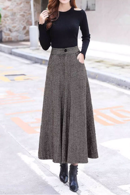 Plaid Wool Midi Skirt - A-Line with Pockets and Back Elastic Waist 4648