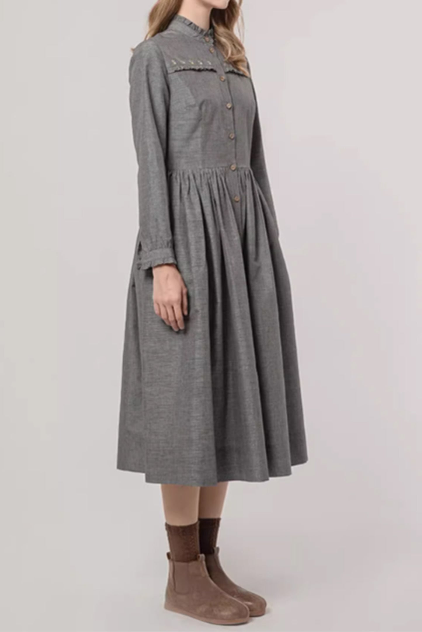 Long sleees spring gray fit and flare dress 4876