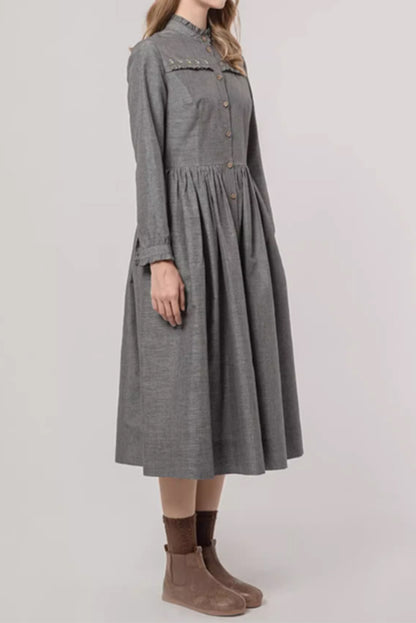 Gray Cotton Blend Fit and Flare Midi Dress - Ruffle Stand Collar 4876
