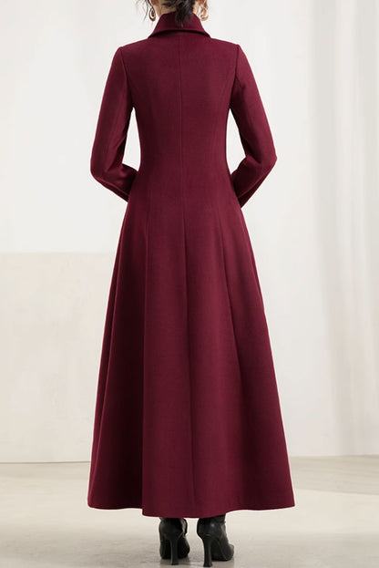 Burgundy Wool Maxi Coat - Fitted Waist, Classic Lapel Collar 4570
