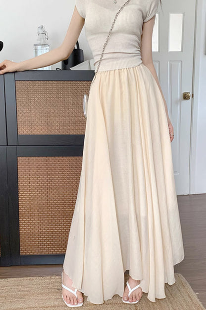 Gray Linen Maxi A-Line Skirt - Irregular Hemline, Elastic Waist 4365