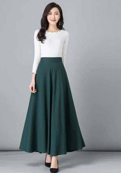 Gray Linen A-Line Maxi Skirt - Elastic Waist with Side Pockets 2822