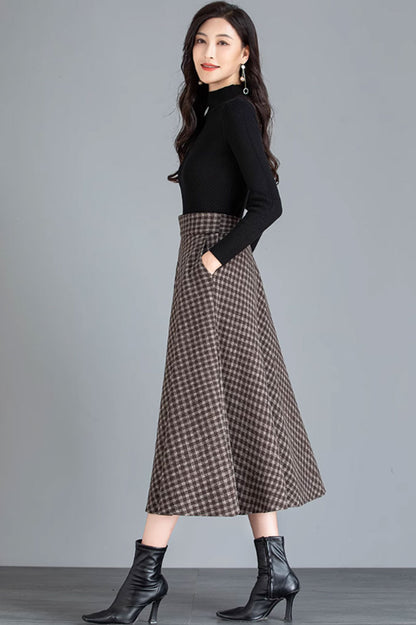 Brown Wool Midi Skirt - Vintage A-Line with Pockets 4644-1