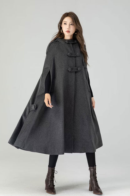 Dark Gray Wool Cape Coat for Women 4558