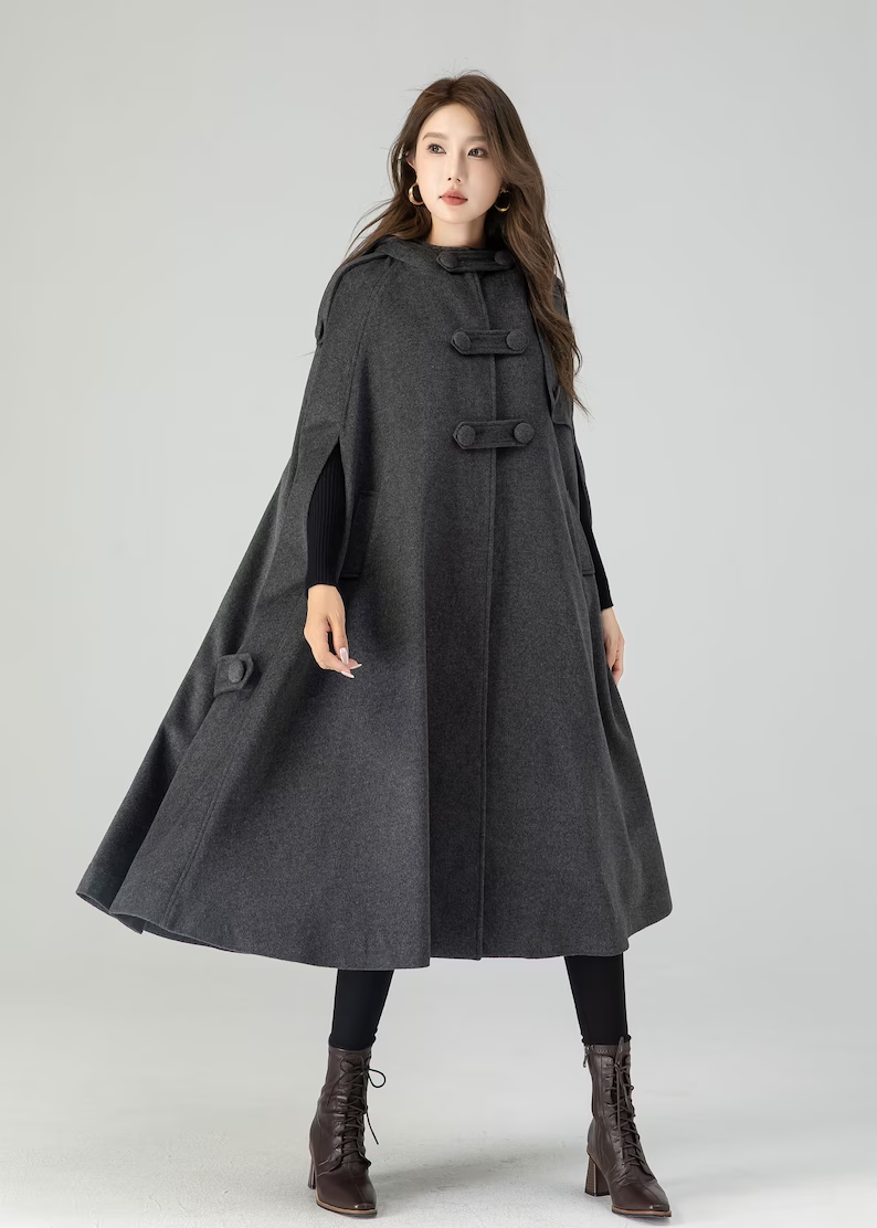 Dark Gray Wool Cape Coat for Women 4558