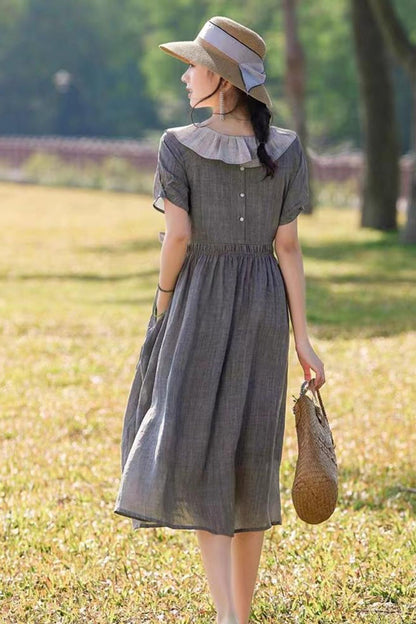 Gray Linen Midi Dress - Ruffle Neckline & Elastic Waist 4323