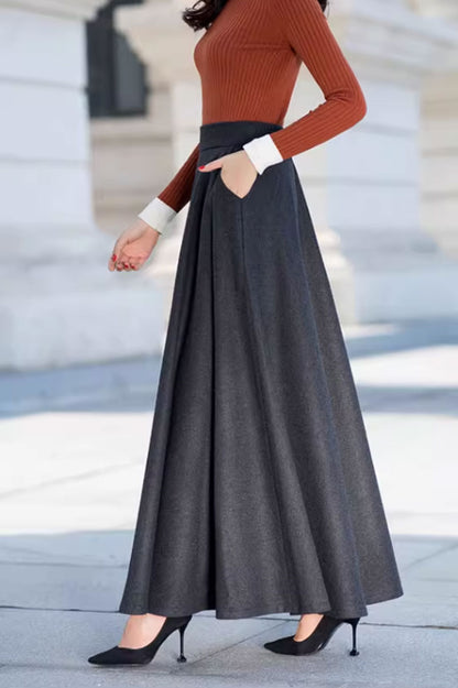 Brown Wool Maxi Skirt - A-Line Silhouette with Side Pockets 4746