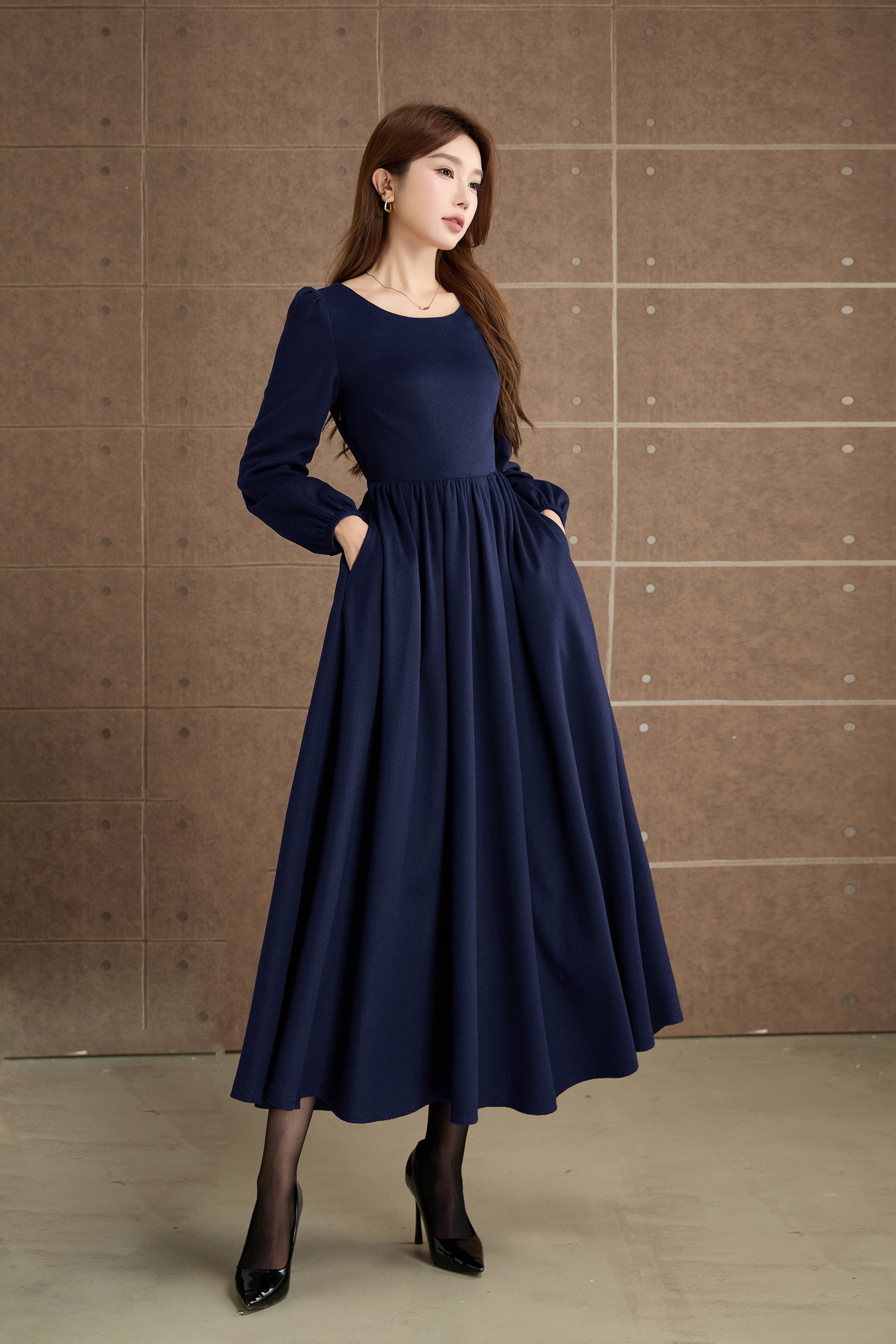 Burgundy Wool Maxi Dress – Elegant Long Sleeve Vintage Winter Dress 5359 Black / M