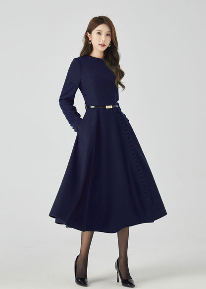 Dark Green Wool Midi Dress – Long Sleeve A-Line Winter Dress with Pockets 5500