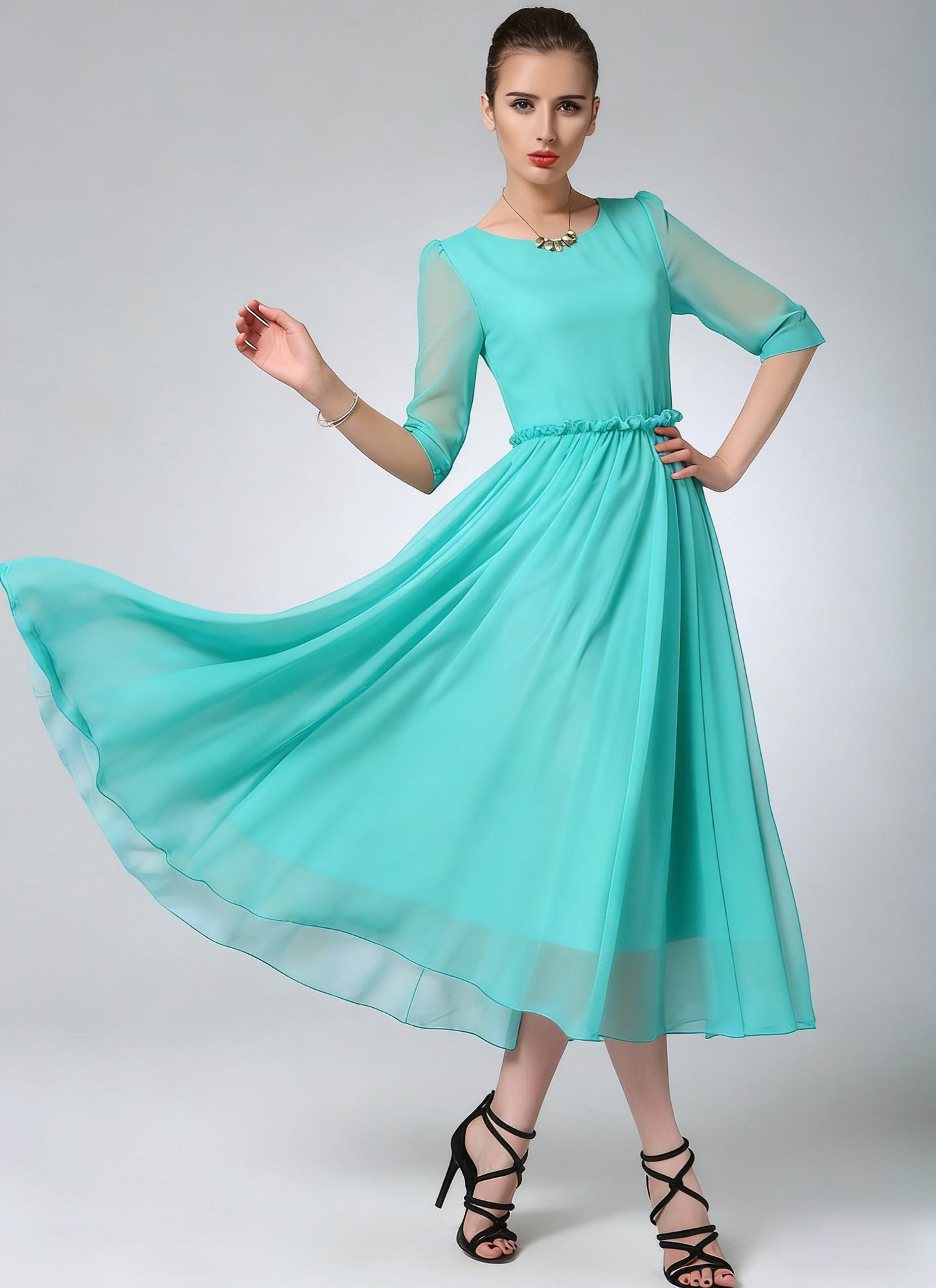 Blue Chiffon Midi Dress – Ruffle Waist Elegance | Xiaolizi 6783