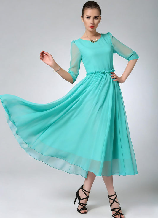 Blue Chiffon Midi Dress – Ruffle Waist Elegance | Xiaolizi 6783