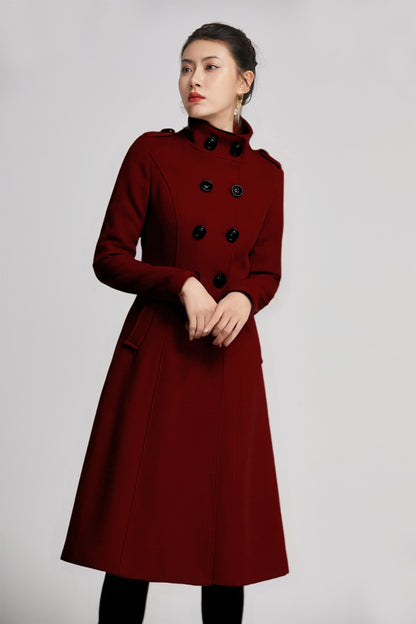 Wine Red Wool Coat - Double Breasted A-Line Silhouette 5614