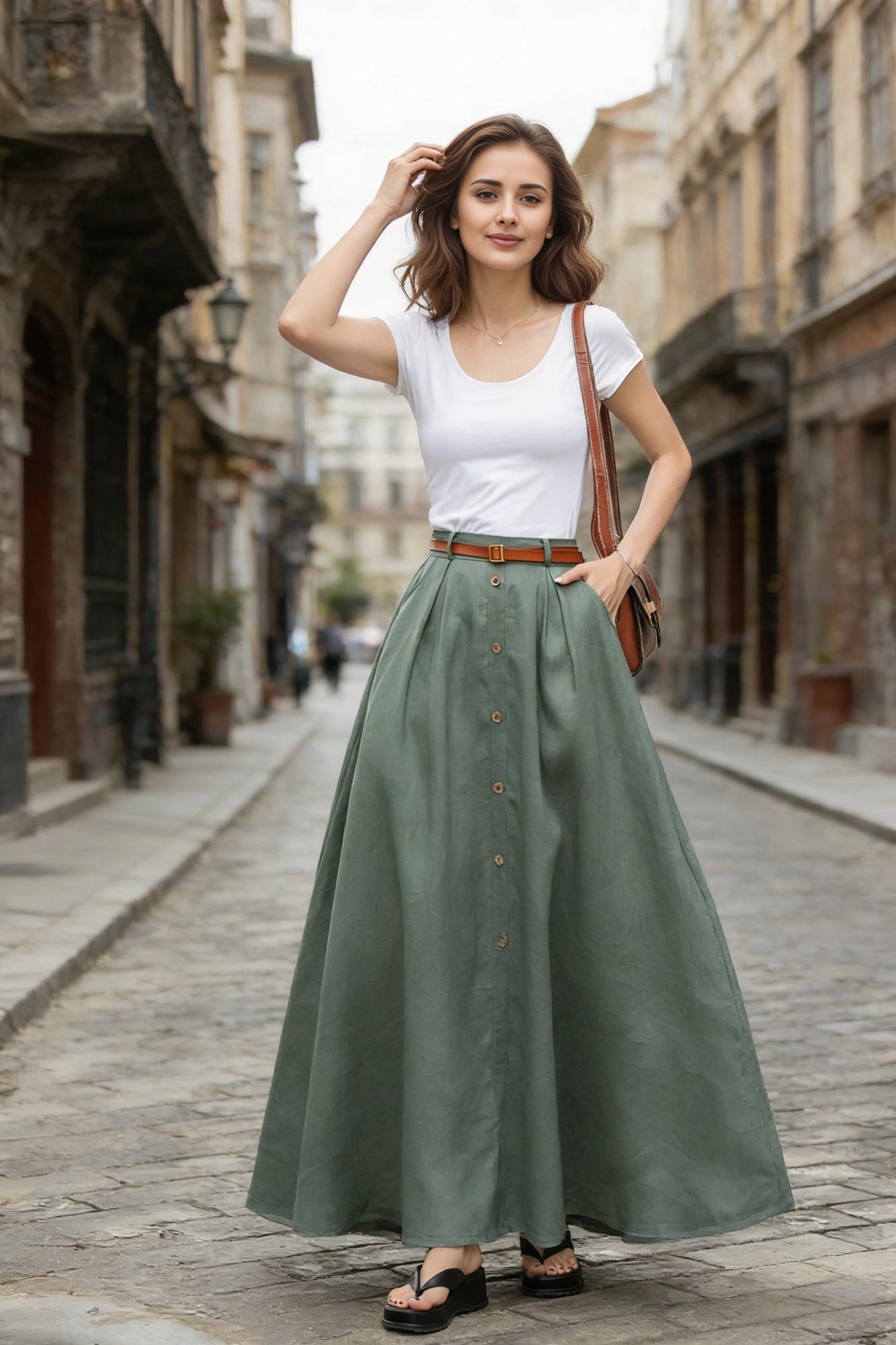 Green Linen Cotton Midi Skirt - Button-Down, Side Pockets 6766