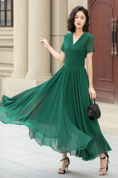 Deep Green Chiffon Maxi Dress – Elegant V-Neck Empire Gown