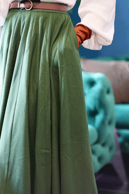 Green Wool Circle Long Skirt for women 4722