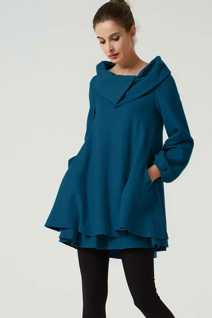 Teal Wool Tunic Dress - Oversized Fit with Asymmetrical Collar 5208